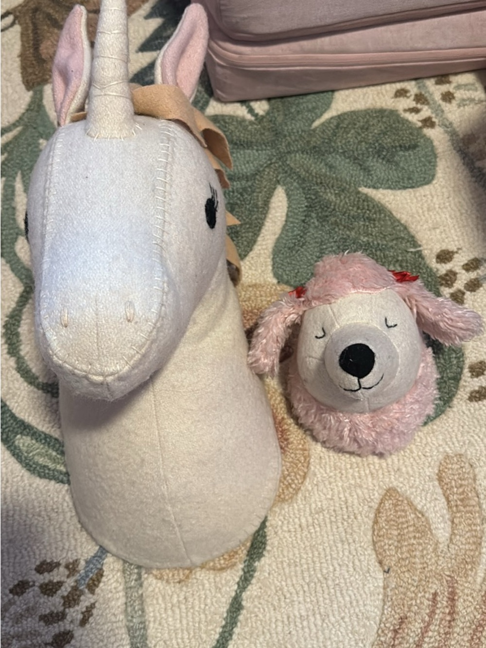 White Unicorn Plush Head & Pink dog Rattle Duo